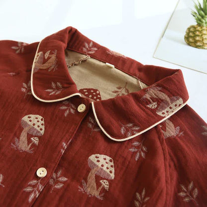 Vintage Mushroom Print Cotton Loungewear Set