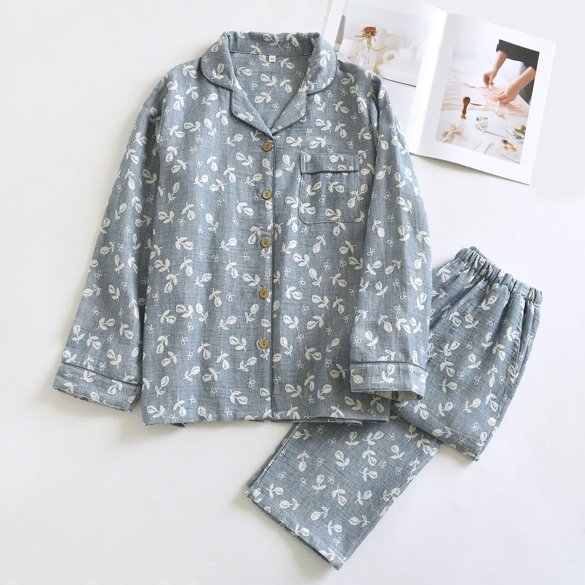 Cotton Gauze Leaf Print Pajama Set