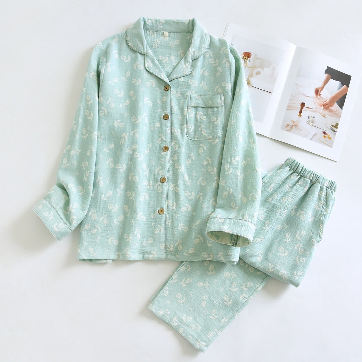 Cotton Gauze Leaf Print Pajama Set