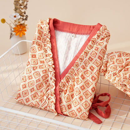 Geometric Ruffle Trim Cotton Loungewear Set