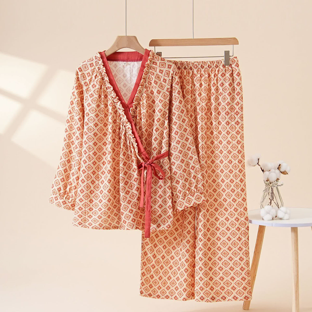 Geometric Ruffle Trim Cotton Loungewear Set