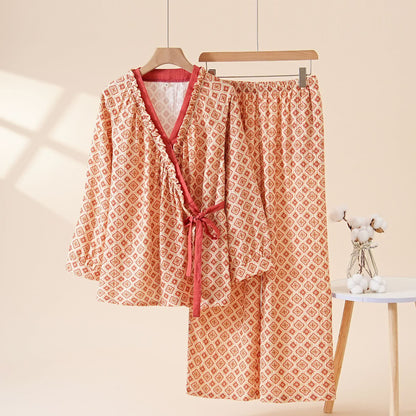 Geometric Ruffle Trim Cotton Loungewear Set
