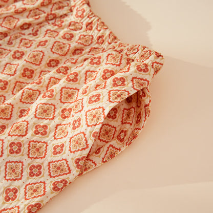 Geometric Ruffle Trim Cotton Loungewear Set