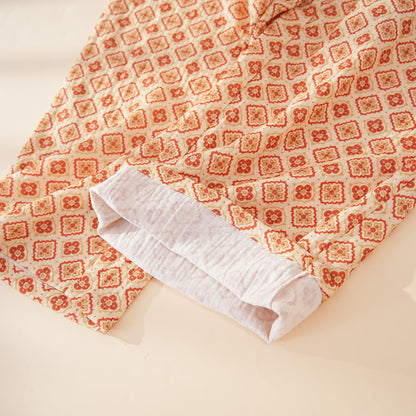 Geometric Ruffle Trim Cotton Loungewear Set