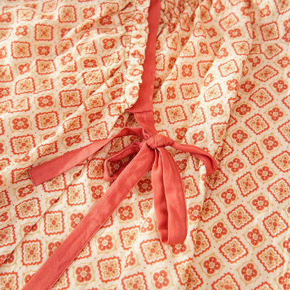Geometric Ruffle Trim Cotton Loungewear Set