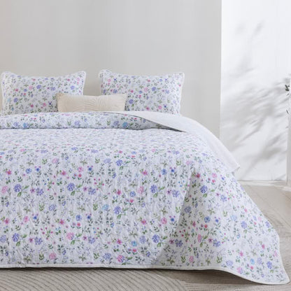 Watercolor Wildflower Cotton Quilt Set 3PCS Autumn bed Bed Blanket bedding Bedding Set Cotton Coverlet Flower Gauze Jacquard King King Size newin260921 Pillowcases Queen Queen Size Quilt Spring Summer Twin Twin Size White Wildflower
