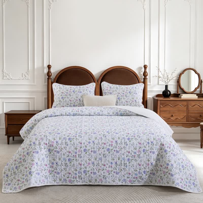 Watercolor Wildflower Cotton Quilt Set 3PCS Autumn bed Bed Blanket bedding Bedding Set Cotton Coverlet Flower Gauze Jacquard King King Size newin260921 Pillowcases Queen Queen Size Quilt Spring Summer Twin Twin Size White Wildflower