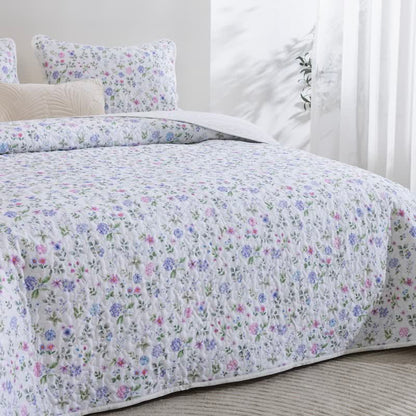 Watercolor Wildflower Cotton Quilt Set 3PCS Autumn bed Bed Blanket bedding Bedding Set Cotton Coverlet Flower Gauze Jacquard King King Size newin260921 Pillowcases Queen Queen Size Quilt Spring Summer Twin Twin Size White Wildflower