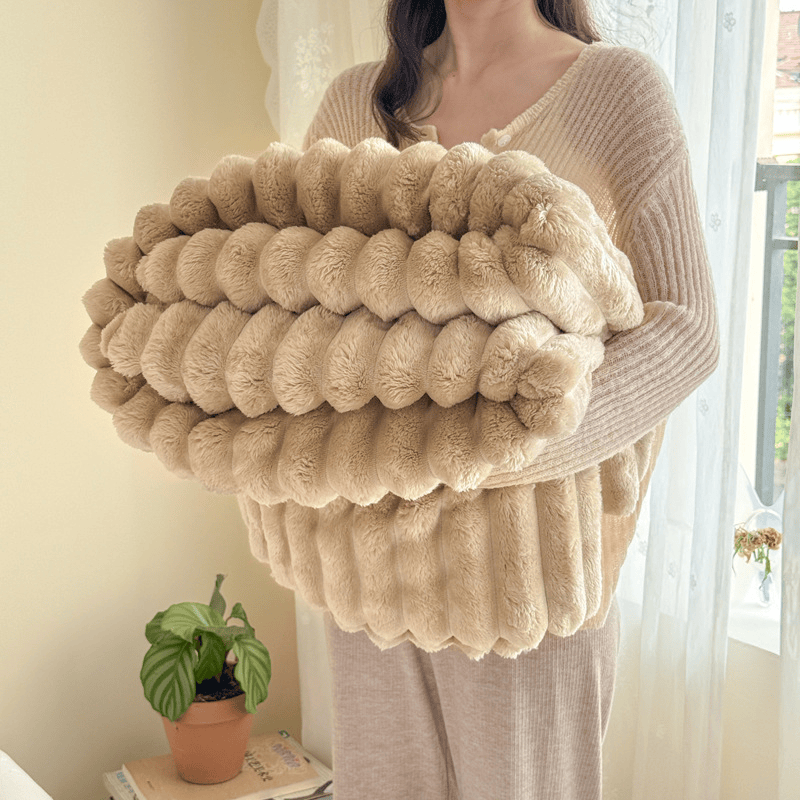 Chunky Vertical Striped Rabbit Fur Throw Blanket