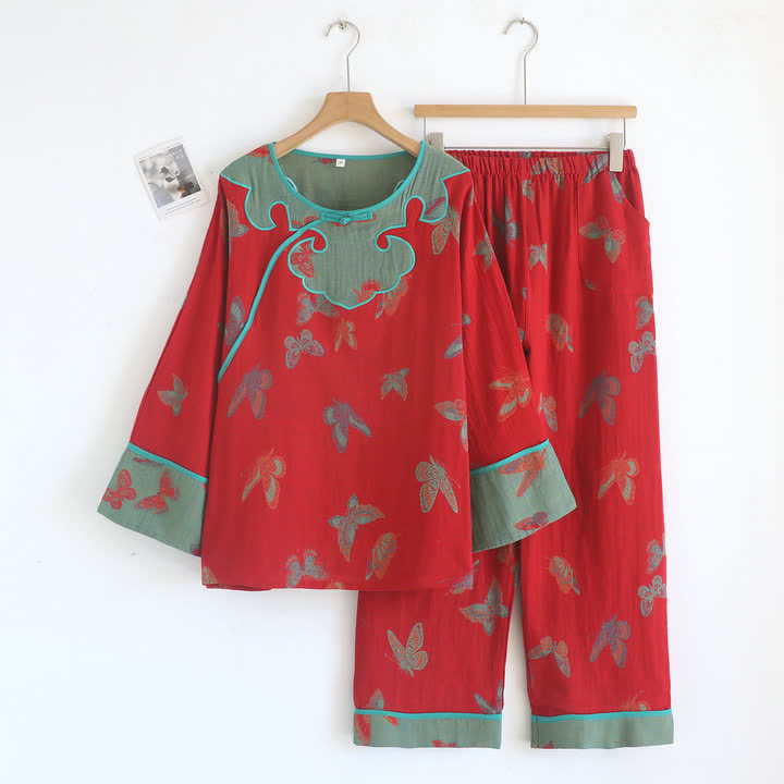 Vintage Butterfly Cotton Frog Button Pajama Set