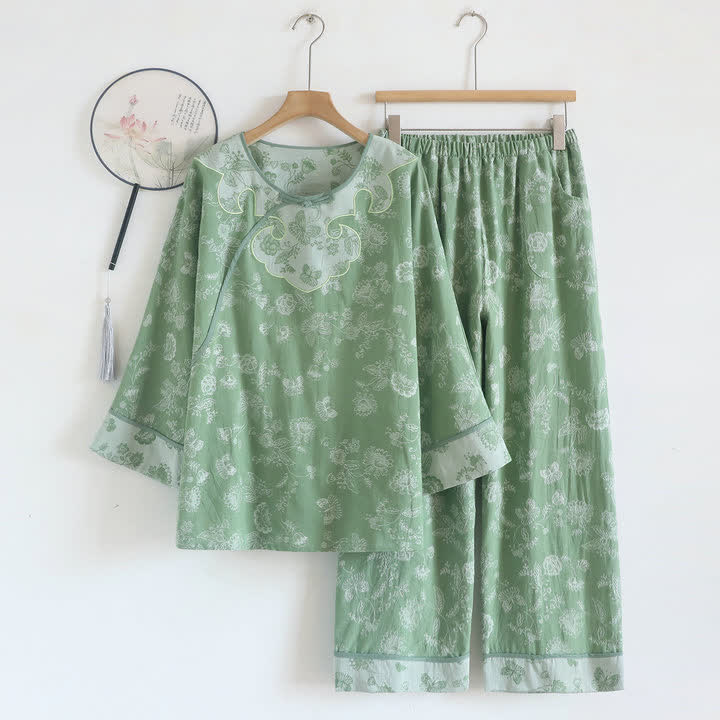 Elegant Cotton Gauze Frog Button Pajama Set