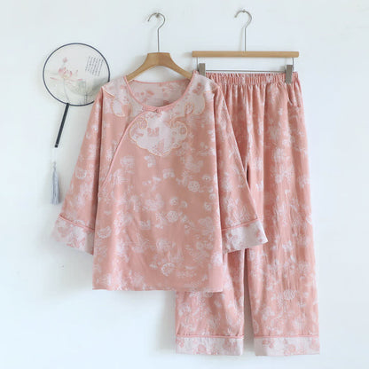 Elegant Cotton Gauze Frog Button Pajama Set