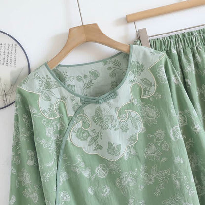 Elegant Cotton Gauze Frog Button Pajama Set