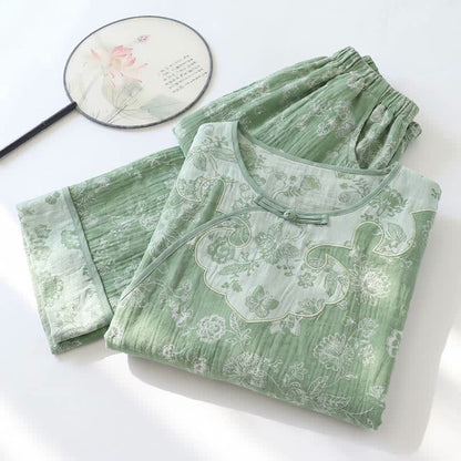 Elegant Cotton Gauze Frog Button Pajama Set