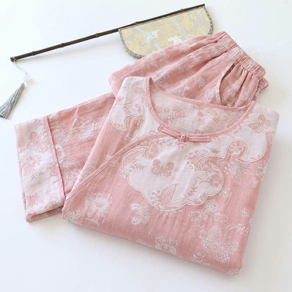 Elegant Cotton Gauze Frog Button Pajama Set