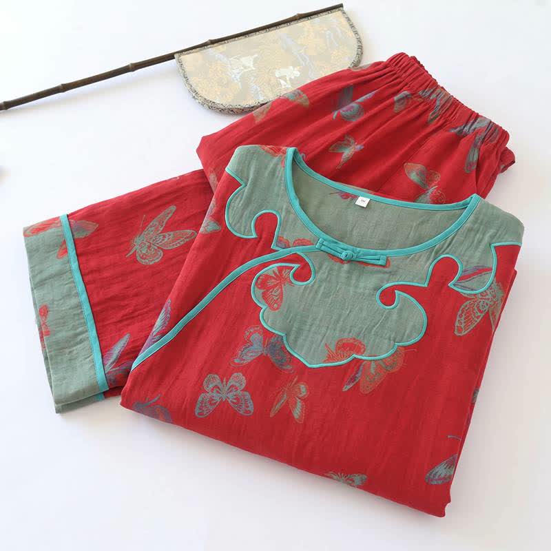 Vintage Butterfly Cotton Frog Button Pajama Set