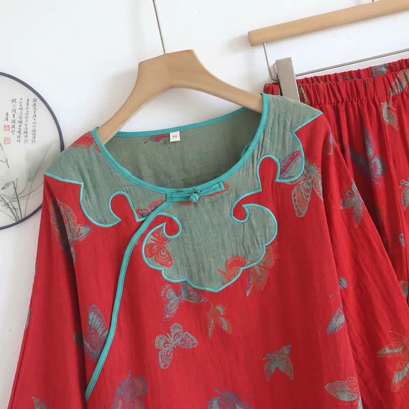 Vintage Butterfly Cotton Frog Button Pajama Set