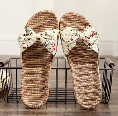 Woven Floral Bow Linen House Slippers
