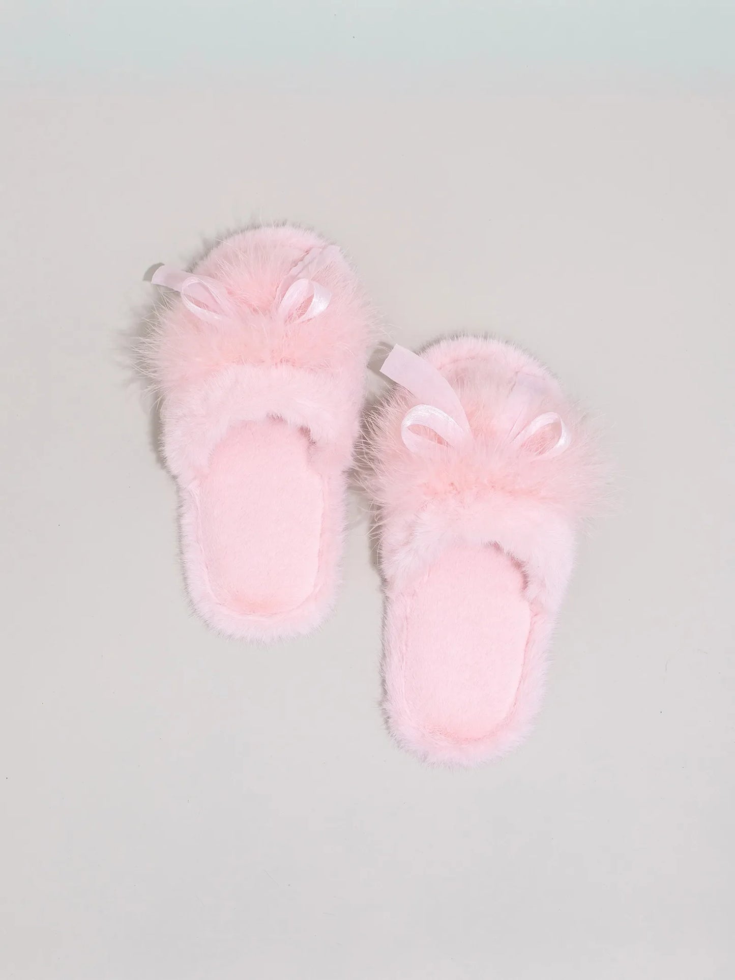 Plush Satin Bow Faux Fur House Slippers
