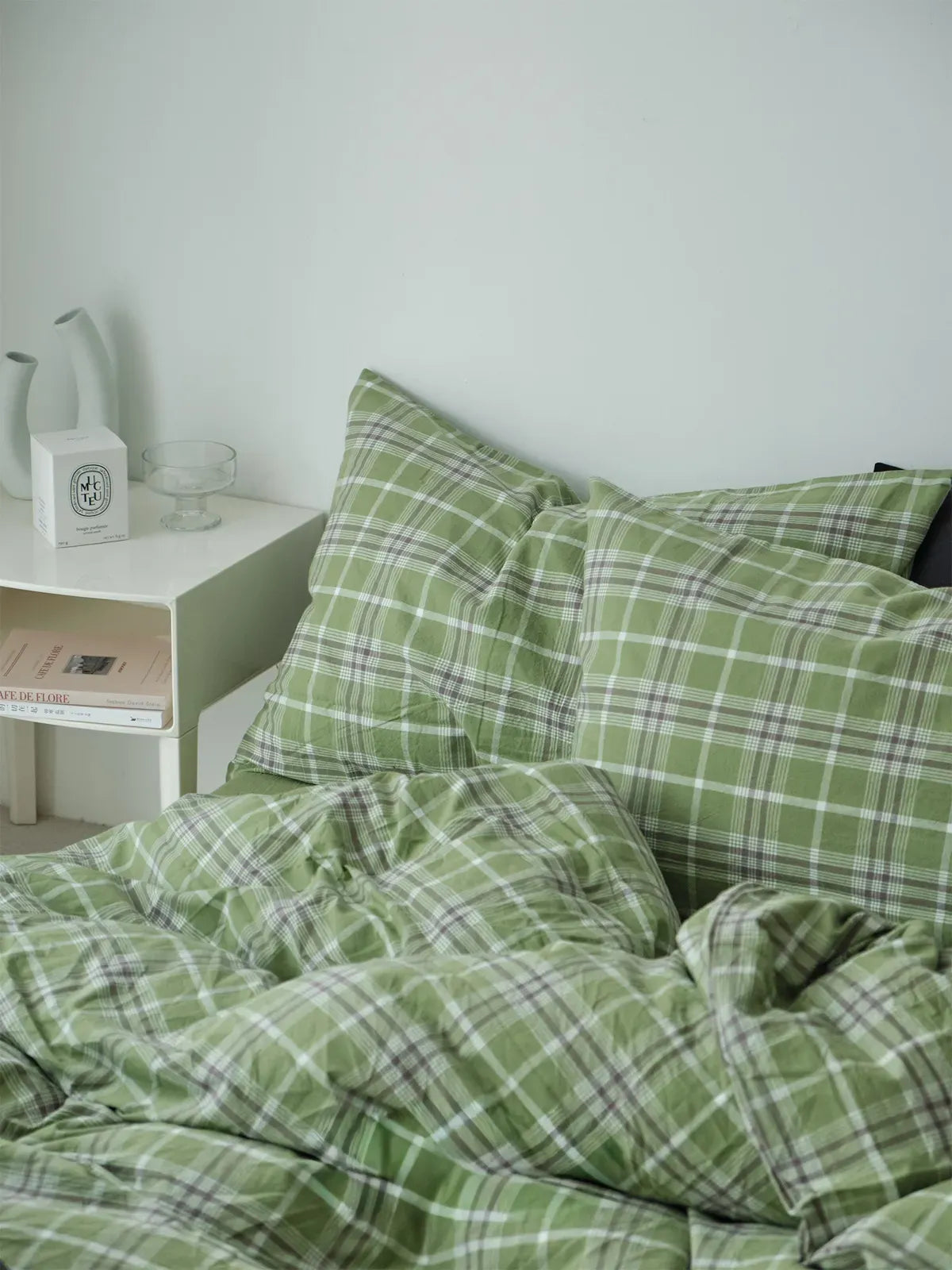 Soft Matcha Green Plaid Cotton Bedding Set