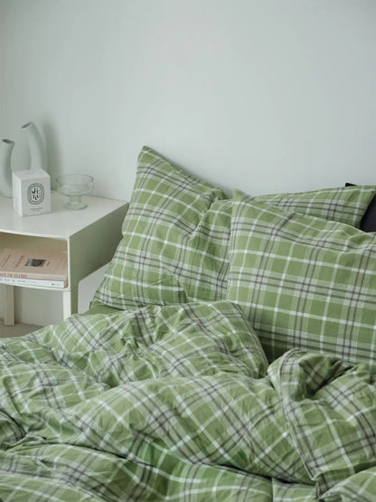 Soft Matcha Green Plaid Cotton Bedding Set