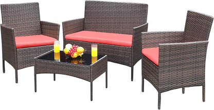 Greesum Patio Furniture 4 Pieces Conversation Sets Outdoor Wickerr Rattan Chairs Garden Backyard Balcony Porch Poolside Loveseat with Soft Cushion and Glass Table, Gray and Beige Conversation Sets Lawn & Garden Patio Patio Furniture & Accessories Patio Furniture Sets