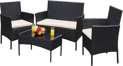 Greesum Patio Furniture 4 Pieces Conversation Sets Outdoor Wickerr Rattan Chairs Garden Backyard Balcony Porch Poolside Loveseat with Soft Cushion and Glass Table, Gray and Beige Conversation Sets Lawn & Garden Patio Patio Furniture & Accessories Patio Furniture Sets