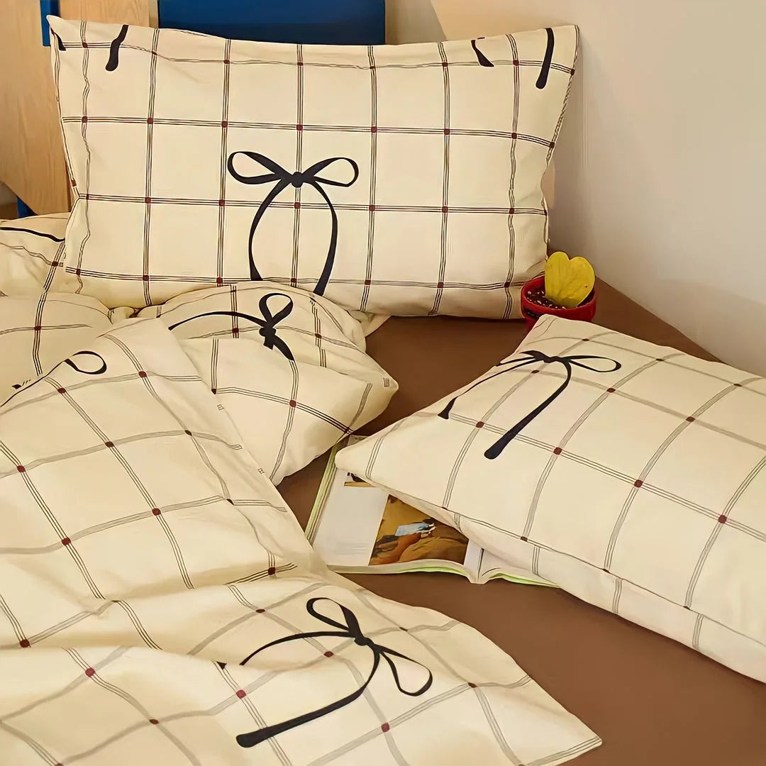 Soft Bow & Plaid Cotton Bedding Set