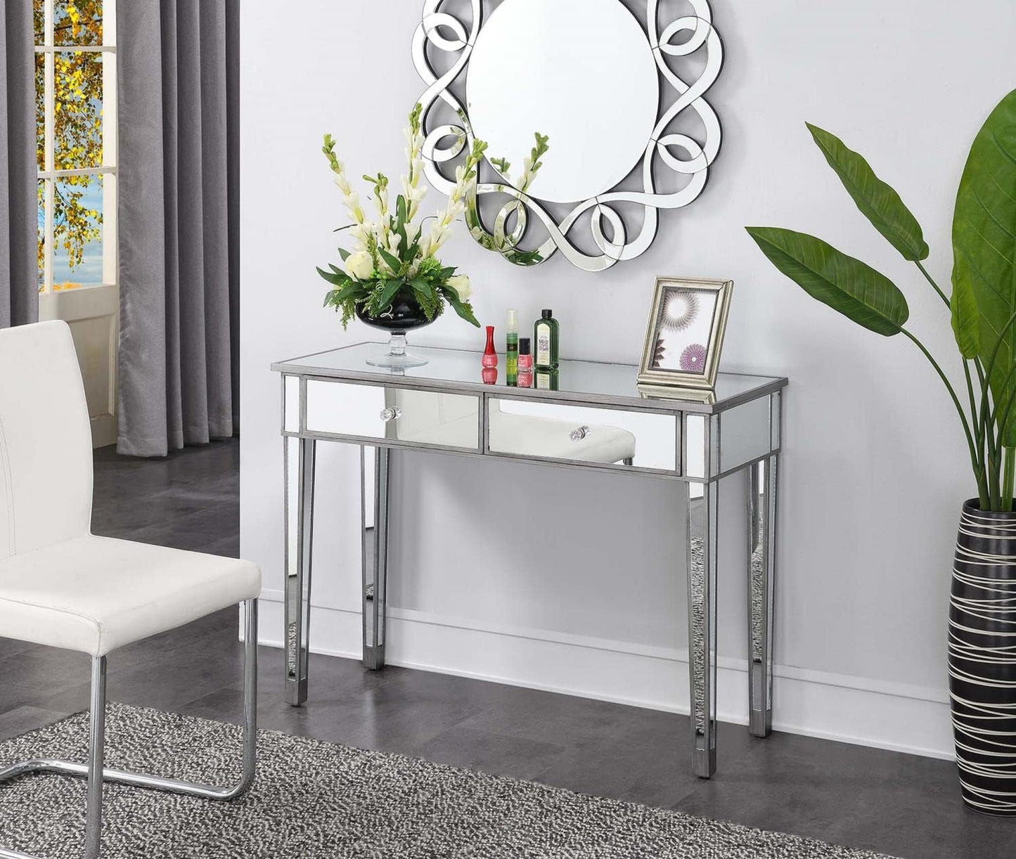 Convenience Concepts Gold Coast Mirrored Desk 42" - Console Table with 2 Drawers for Storage in Living Room, Office, Antique Silver/Mirror Furniture Home & Kitchen Home Office Desks Home Office Furniture