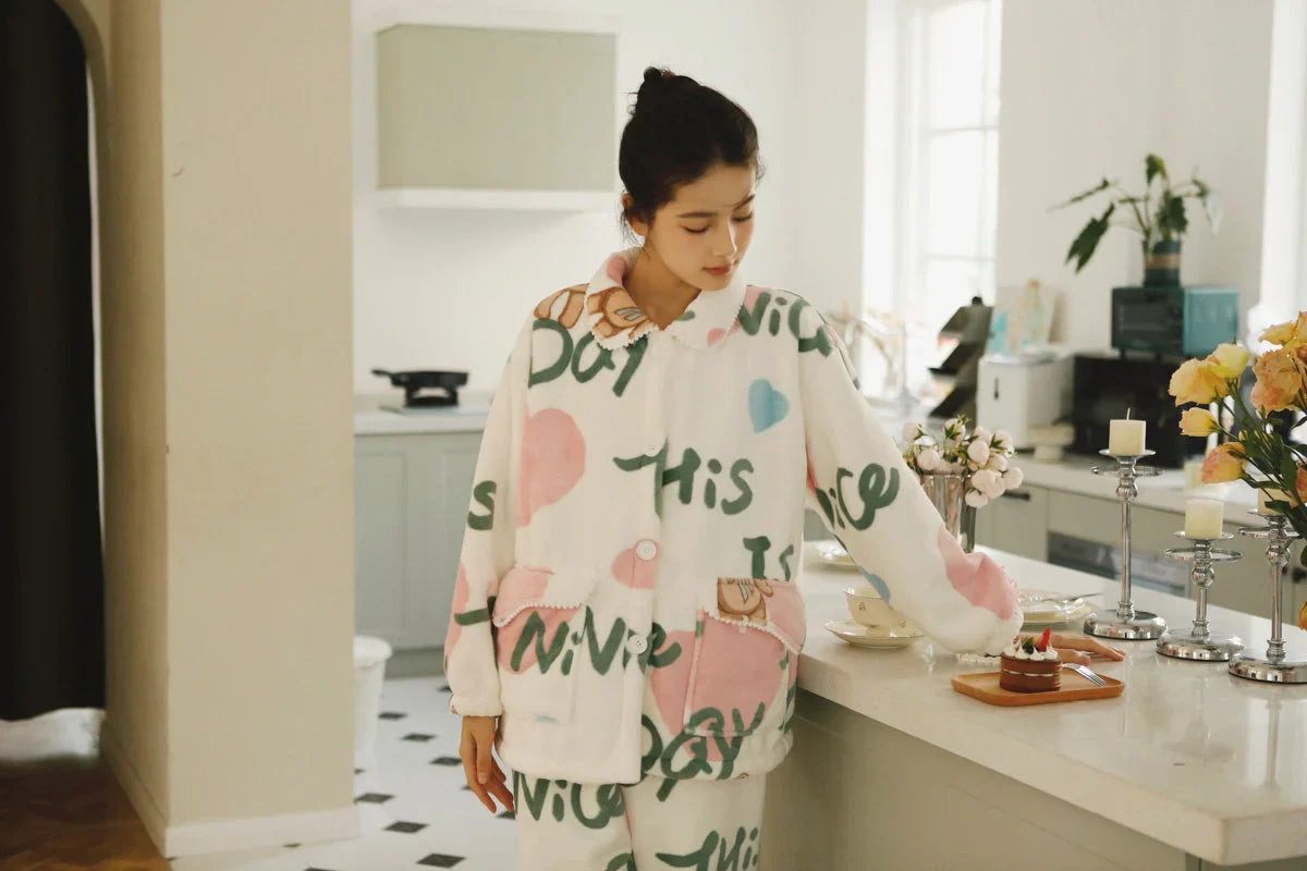 Plush Fuzzy Teddy Bear & Heart Print Flannel Fleece Pajama
