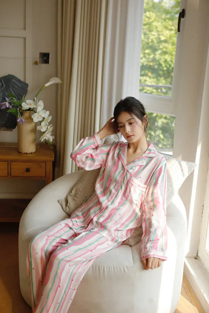 Silky Wavy Striped & Heart Print Cotton Sateen Pajama