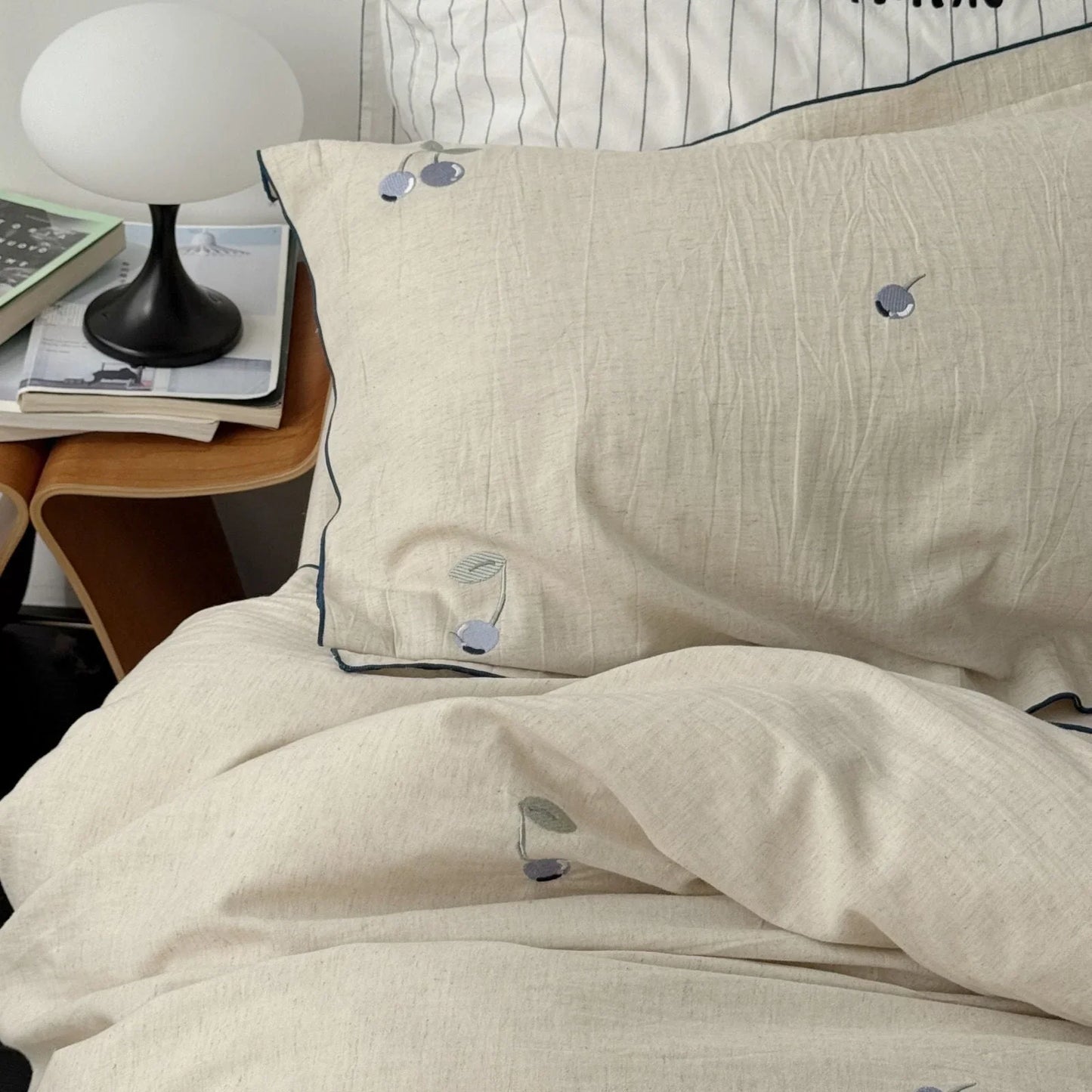 Textured Blueberry Embroidered Linen Bedding Set
