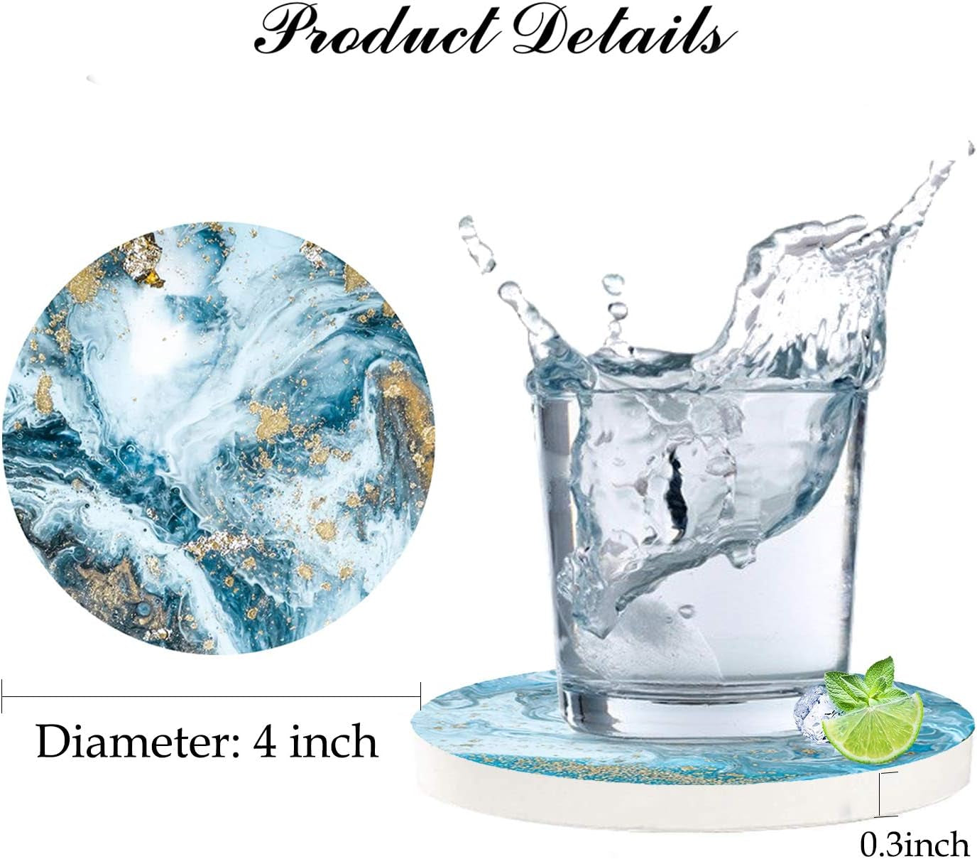 Coasters for Drinks with Holder Set of 6,Marble Blue Ocean Style Absorbent Ceramic Coasters with Cork Base,No Scratched and Soiled Bar Tools Bar Tools & Drinkware Coasters Dining & Entertaining Home & Kitchen Kitchen & Dining