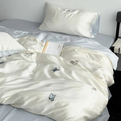 Silky Embroidered Butterfly & Rose Tencel Bedding Set