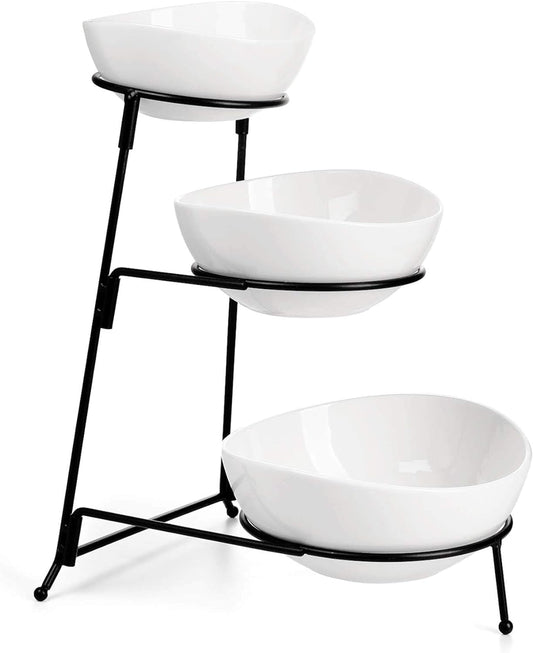 Sweese 736.101 3 Tier Oval Bowl Set with Sturdier Metal Rack, Tiered Serving Stand, Chip and Dip Serving Set -Serving Bowls for Parties Chip & Dip Sets Dining & Entertaining Dinnerware & Serveware Divided Dishes Serveware Serving Dishes Trays & Platters