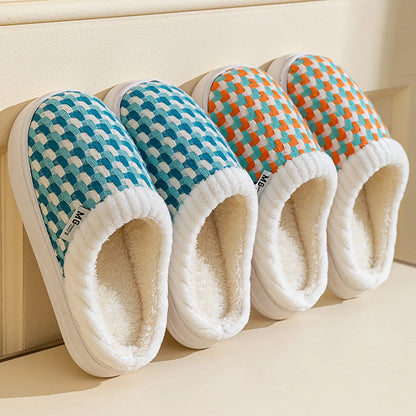 Fuzzy Woven Gingham Plush House Slippers