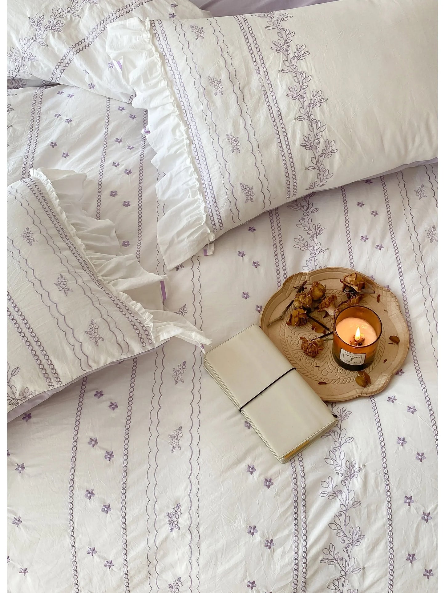 Ruffled Floral Vine Embroidered Cotton Bedding Set