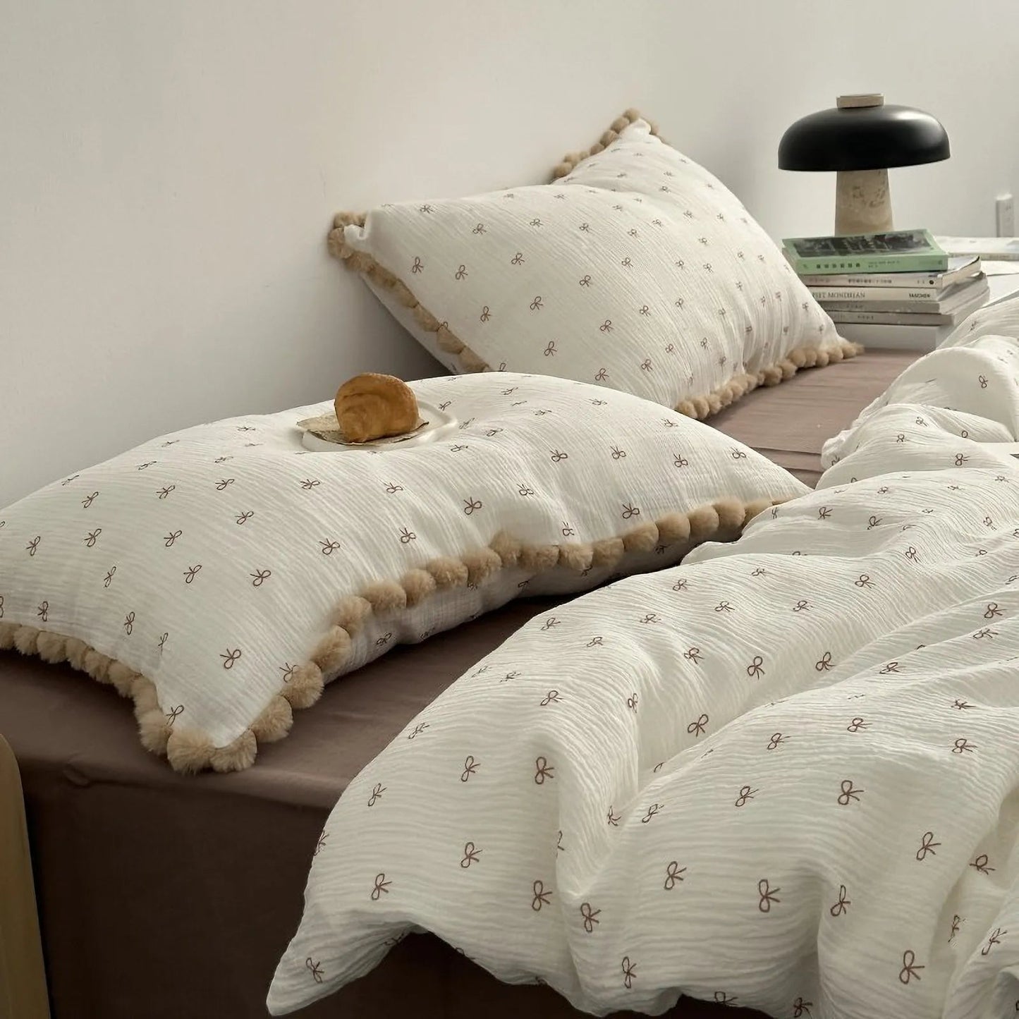 Pom Pom Trim Bow Print Washed Cotton Bedding Set