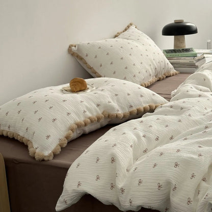 Pom Pom Trim Bow Print Washed Cotton Bedding Set