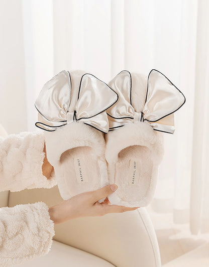 Plush Satin Bow Faux Fur House Slippers