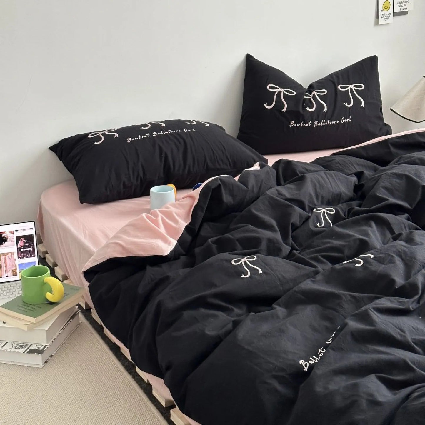 Textured Embroidered Bowknot Washed Cotton Bedding Set