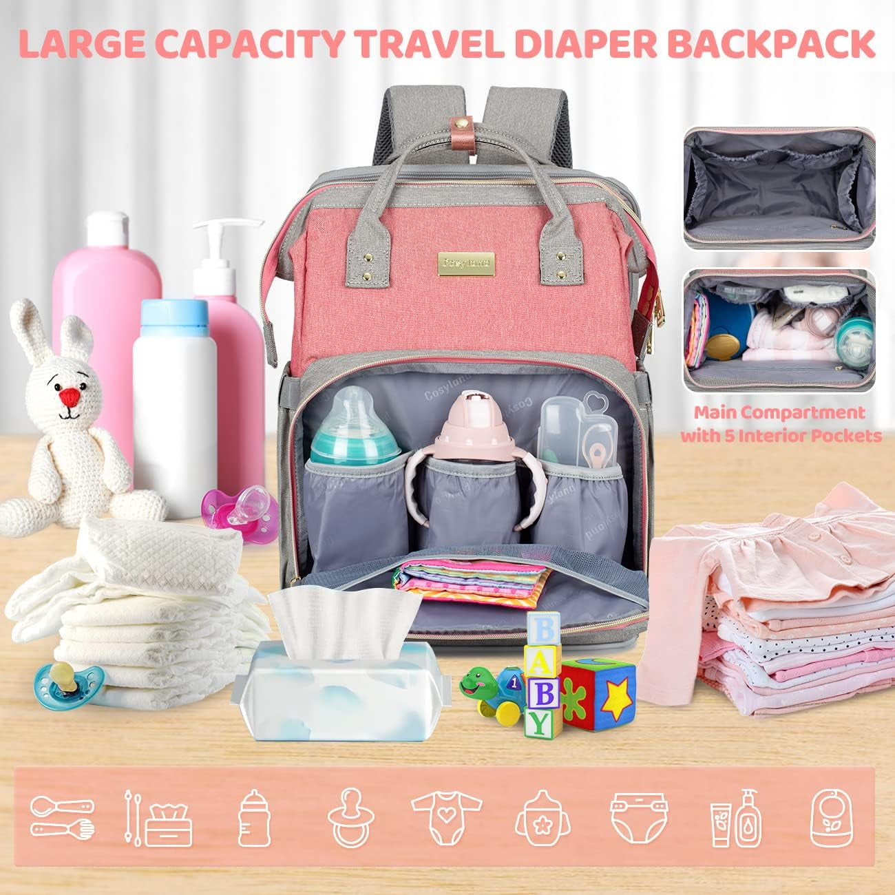 COSYLAND Diaper Bag Backpack Large Capacity Baby Bag for Boy Girl Water-Repellent Multifunction Travel Back Pack with Changing Pad & Stroller Straps for Mom Dad, Pink/Grey Baby Products Backpacks Diaper Bags Diapering