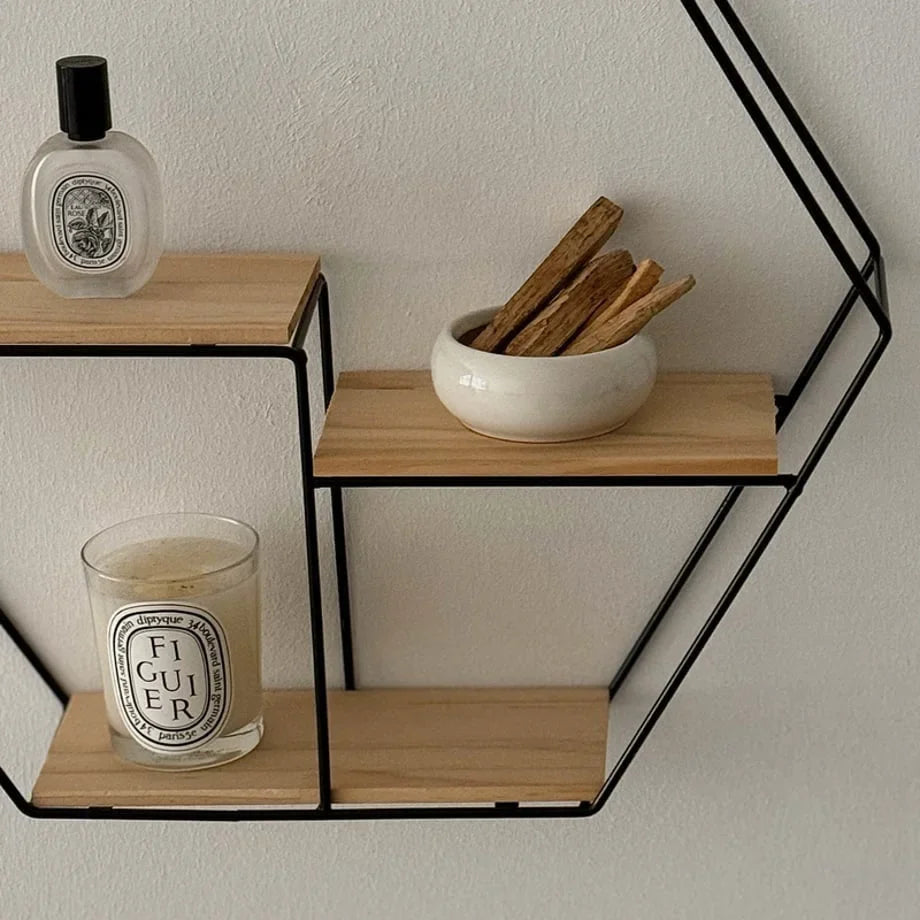 Geometric Hexagon Metal & Wood Wall Shelf