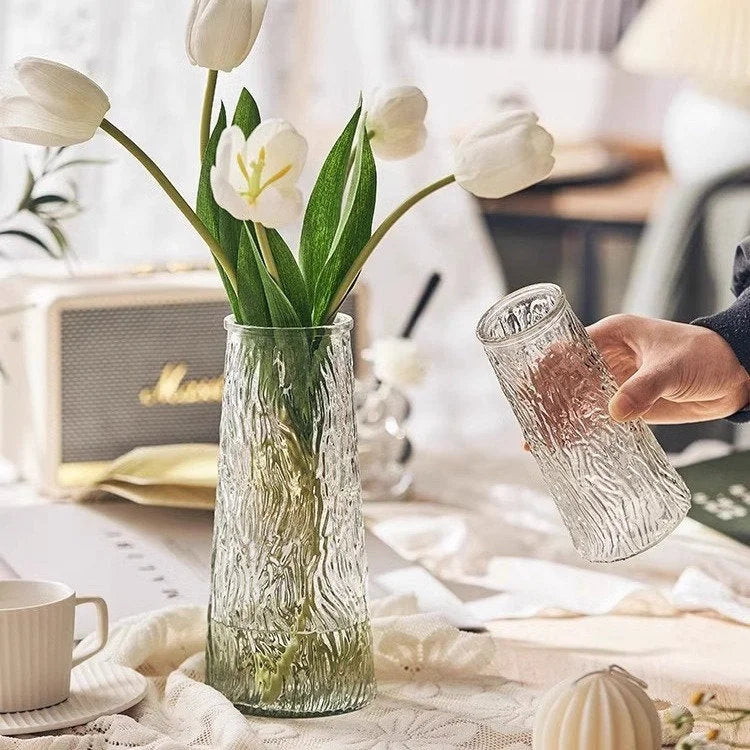 Fluted & Bark Textured Glass Vase for Minimalist Decor