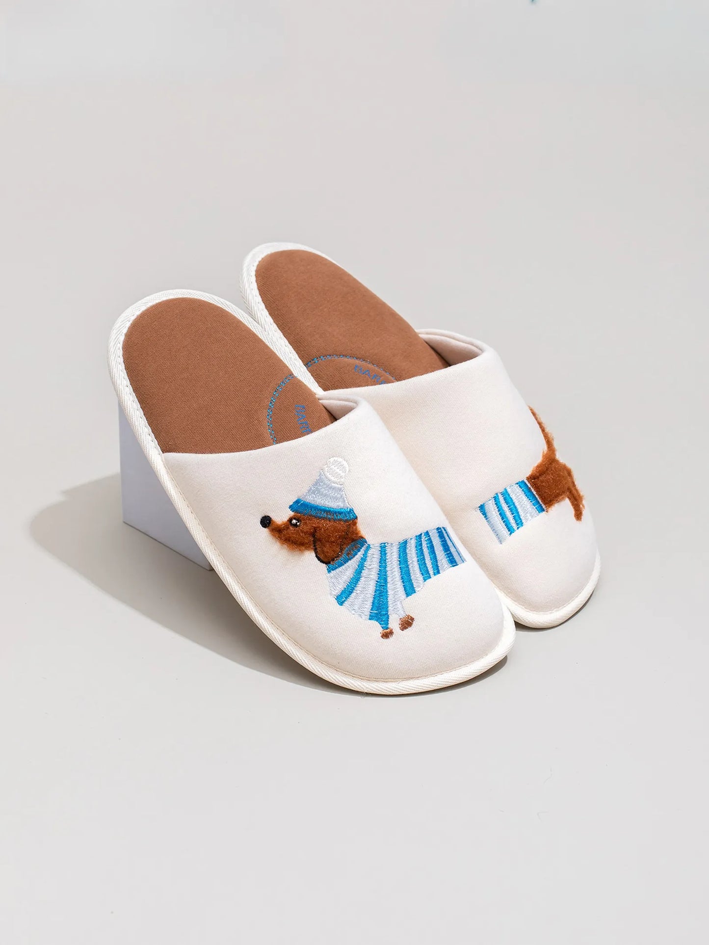 Plush Embroidered Dachshund Slides Polyester House Slippers