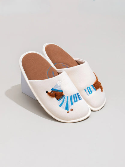 Plush Embroidered Dachshund Slides Polyester House Slippers