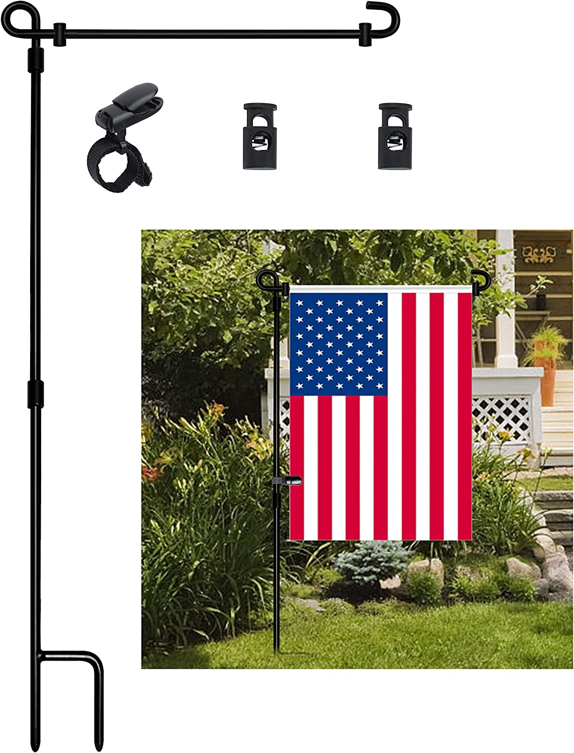 HOOSUN Garden Flag Stand, Premium Garden Flag Pole Holder Metal Powder-Coated Weather-Proof Paint with One Tiger Clip and Two Spring Stoppers without Flag Flagpole Hardware Lawn & Garden Outdoor Décor Patio