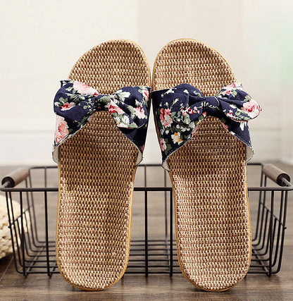 Woven Floral Bow Linen House Slippers
