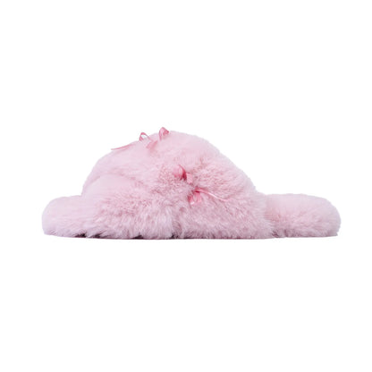 Fuzzy Bow-Knot Cross Band Plush House Slippers