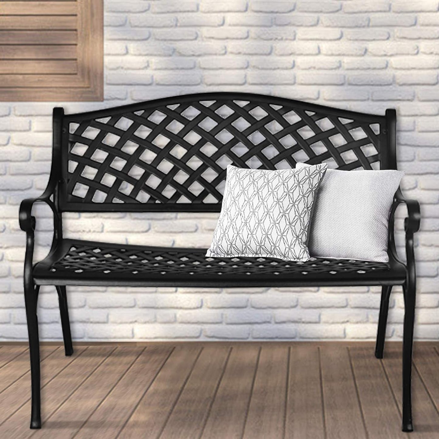 GIODIR Outdoor Patio Garden Bench All-Weather Cast Aluminum Loveseats Park Yard Furniture Porch Chair Work Entryway Decor W/Checkered Design (Black) Benches Lawn & Garden Patio Patio Furniture & Accessories Patio Seating